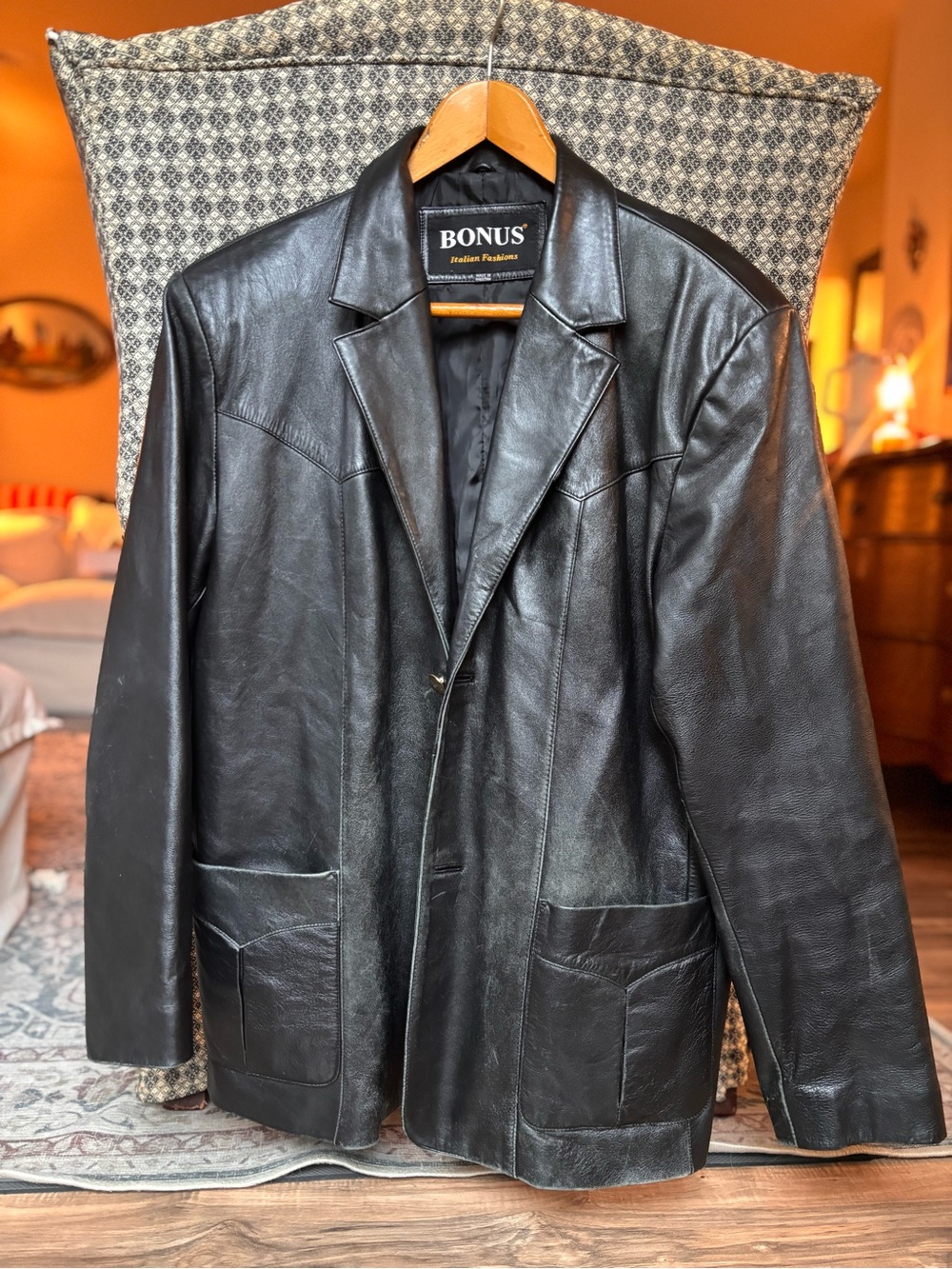 Vintage BONUS Black Genuine Leather Blazer Jacket XL Oversized